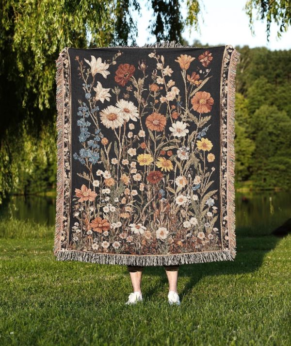 Dark Floral Woven Blanket A Tapestry Throw With Vintage Wildflowers